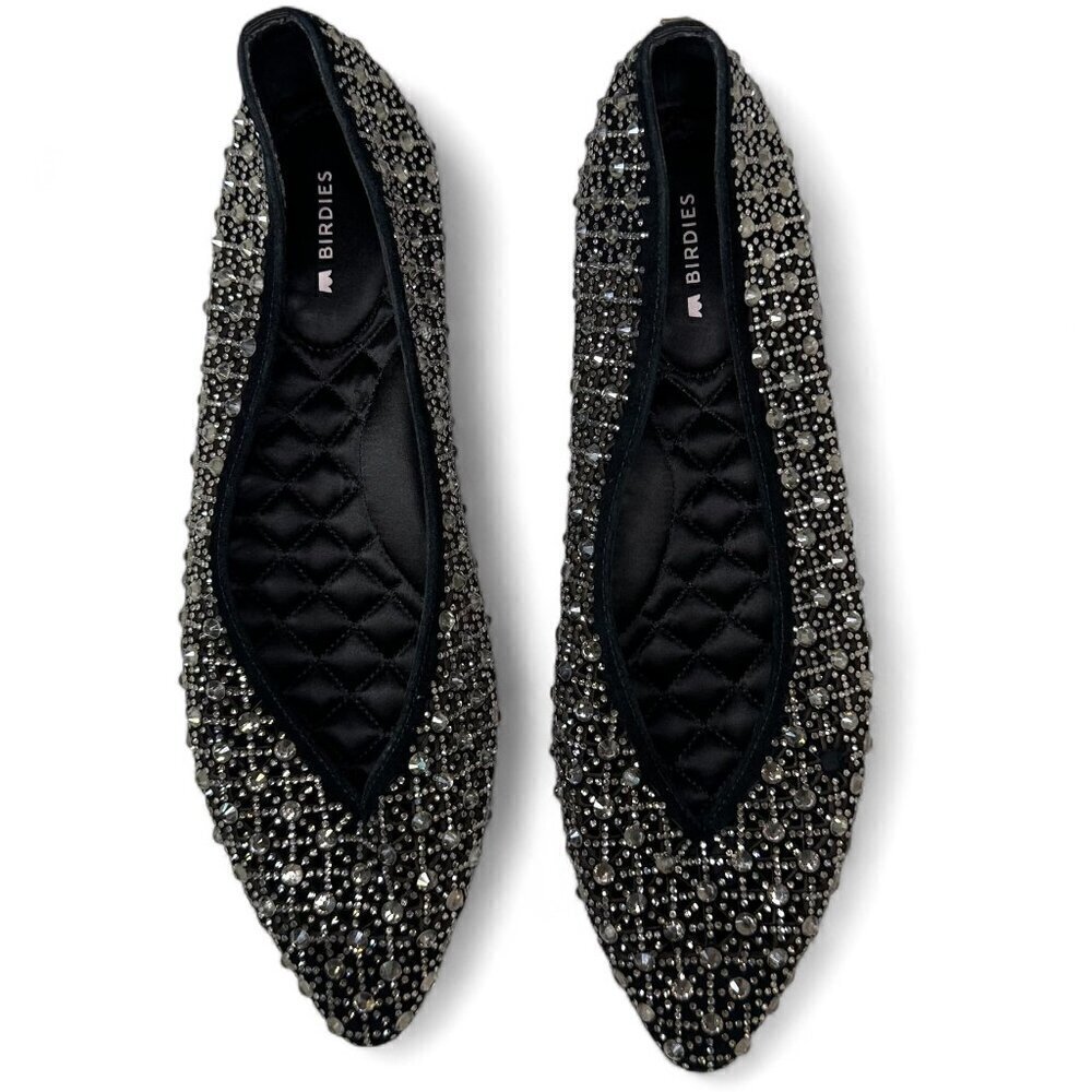 Birdies Women's Goldfinch Pointed Toe Suede Ballet Flat in Pewter Crystal 8.5